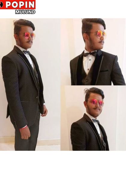 This collage shows a client looking sharp in a black textured tuxedo with a satin lapel. It’s a sophisticated choice for any black-tie event.