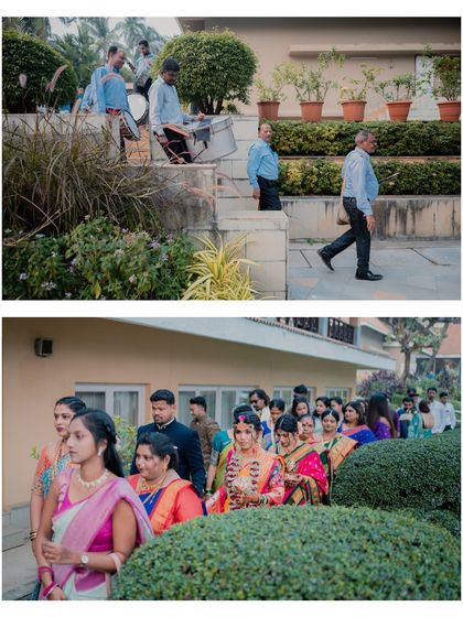 The bride's family and friends walking in procession during a Maharashtrian wedding. We document the journey and anticipation of both sides.