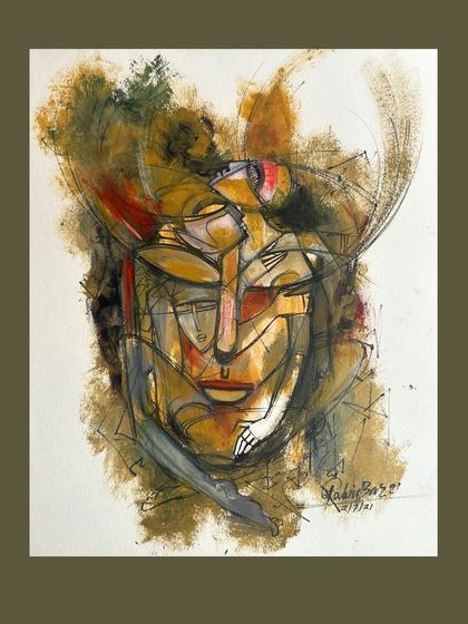 An abstract portrait on paper, this untitled piece uses a mix of acrylic and pen work with warm, earthy tones.