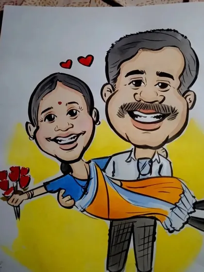 A playful and romantic caricature created from a photo, showing a husband holding his wife. This style is great for anniversary gifts that are both fun and sentimental.