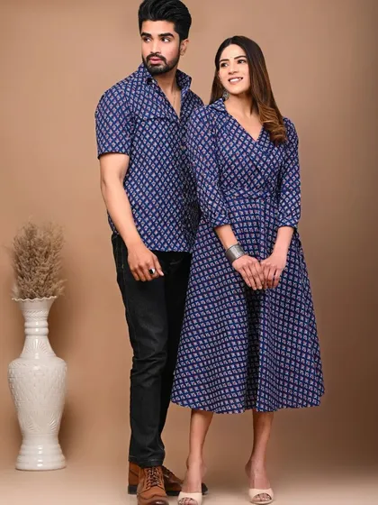 A blue geometric printed couple set, perfect for a modern and coordinated appearance.
