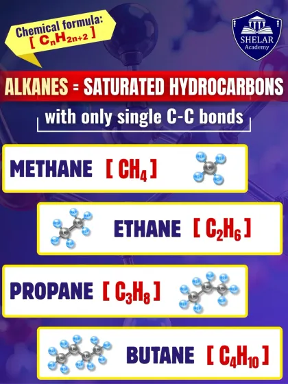Organic Chemistry starts with the basics. This infographic introduces Alkanes, or saturated hydrocarbons, showing the chemical formula and structure for the first four in the series: Methane, Ethane, Propane, and Butane.