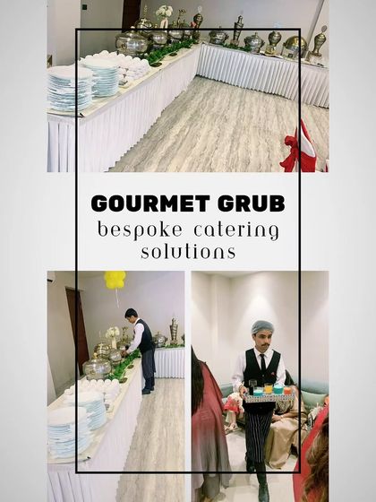 This collage highlights our bespoke catering solutions, from the initial setup by our team to the final presentation and service.