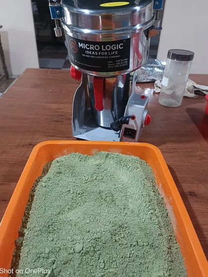 Freshly ground natural indigo powder. This is one of the key ingredients in my hair packs and is also available for those who want to color their hair naturally.