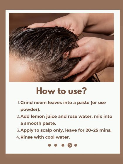 Step-by-step instructions on how to use the DIY Neem and Lemon mask. Just grind the leaves, mix with lemon and rose water, apply to the scalp, and rinse after 20-25 minutes.
