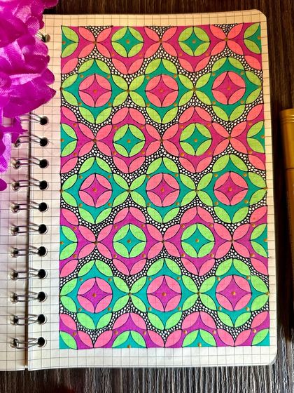 A vibrant pattern in pink, green, and teal.