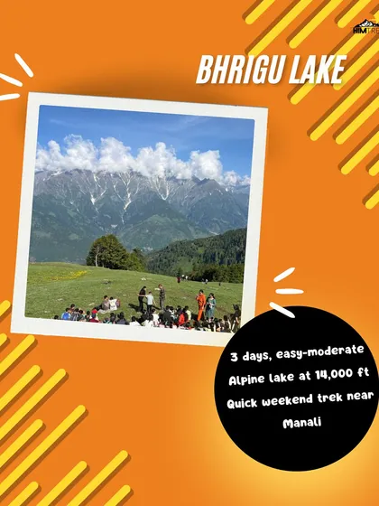 An info card for the Bhrigu Lake trek: a 3-day, easy-moderate trek to an alpine lake at 14,000 ft near Manali.