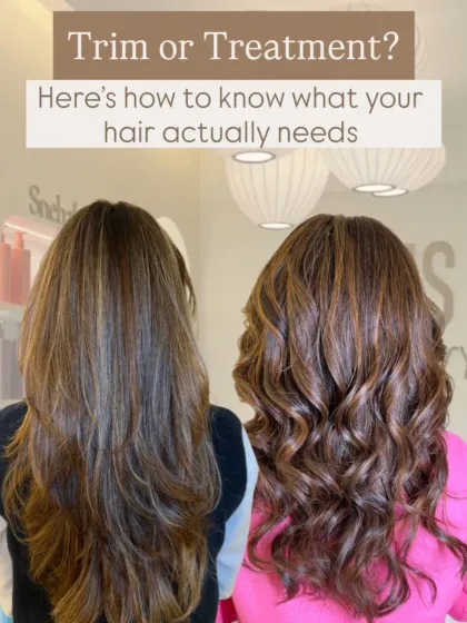"Do I need a trim or a treatment?" This is one of the most common questions I hear. This visual guide helps you understand the difference. A trim manages split ends, while a treatment restores health from within the hair strand.