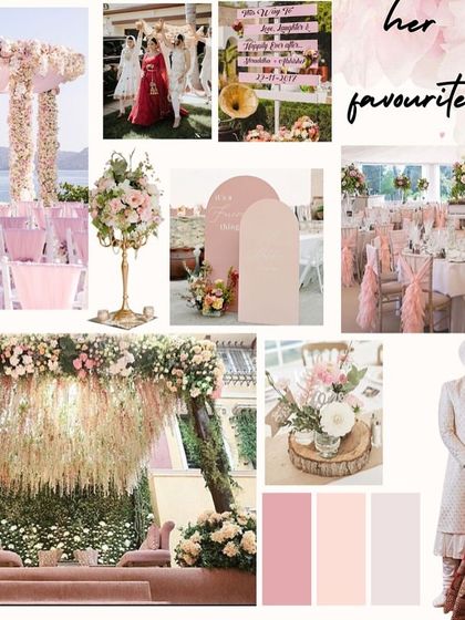 A beautiful mood board for a pastel pink wedding, filled with soft, romantic inspiration.