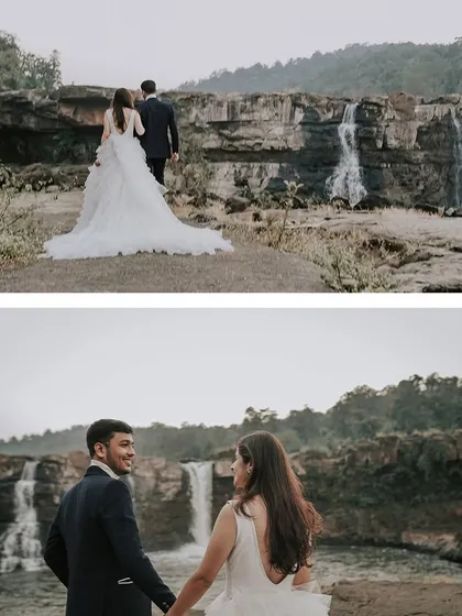 A collage showing the couple enjoying the majestic waterfall scenery. It captures both the grand landscape and their personal connection as they walk toward their future.