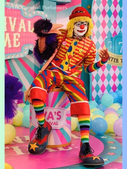 Posing with his feathered friend, our clown is ready to bring the fun. This colorful character performance, complete with a puppet, is a fantastic addition to any carnival-themed birthday party or family fun day.