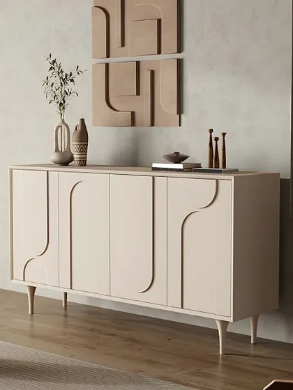 A modern contemporary sideboard with a unique, abstract pattern carved into the doors. This piece, shown in a soft neutral finish, is perfect for a home office, bedroom, or living space.