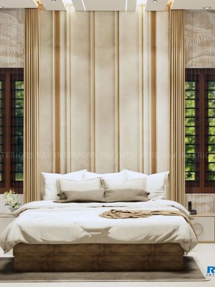 A bedroom with a warm, natural aesthetic, featuring a wood-paneled accent wall and a floral-printed wardrobe.