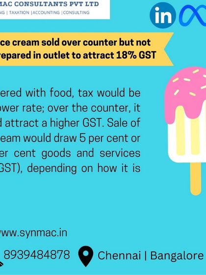 The GST rate on ice cream can be confusing. This visual explains that if ice cream is sold over the counter but not prepared in the outlet, it attracts 18% GST. However, if ordered with food, a lower rate may apply. I help food businesses understand these nuances.