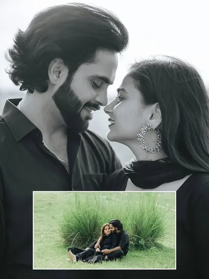 A creative composition blending a dramatic black and white close-up with a color shot of the couple relaxing in the grass.
