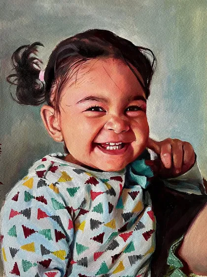 This oil portrait of my daughter captures her bright, mischievous smile. Working with oils allowed me to build up rich, creamy textures in her skin and the colorful pattern of her shirt.