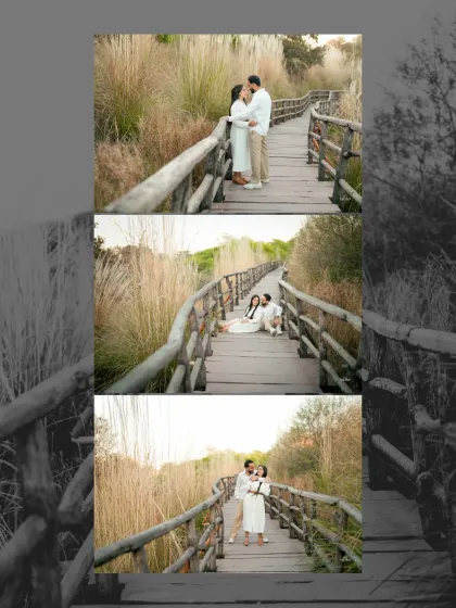 A collage of three images on the wooden bridge, showing different poses from playful to romantic, telling a small story of their time together.