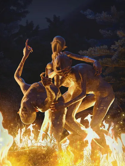 A trio of demonic figures dancing in a ritualistic fire. I focused on creating dynamic, intertwined poses to convey a sense of chaotic energy and dark celebration.