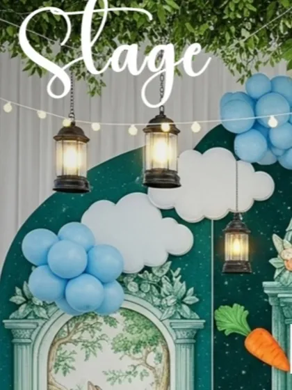 Another detail shot of the stage, focusing on the hanging lanterns, cloud cutouts, and balloon clusters. This view shows how different elements are layered to create a visually interesting and dynamic backdrop.
