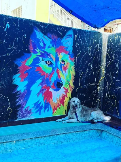 Another great shot of Bruno chilling by the pool. He's clearly comfortable and happy in our dog-friendly paradise.