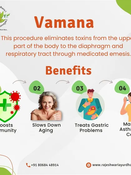 Vamana is a medicated emesis therapy that eliminates toxins, particularly excess Kapha dosha, from the upper body and respiratory tract. It is highly effective for managing conditions like asthma, coughs, and gastric issues.