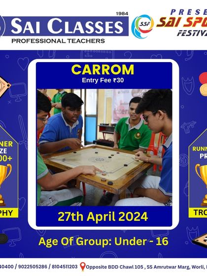 Our Carrom Tournament announcement for under-16 players, with details about the entry fee and prizes for the winner and runner-up.