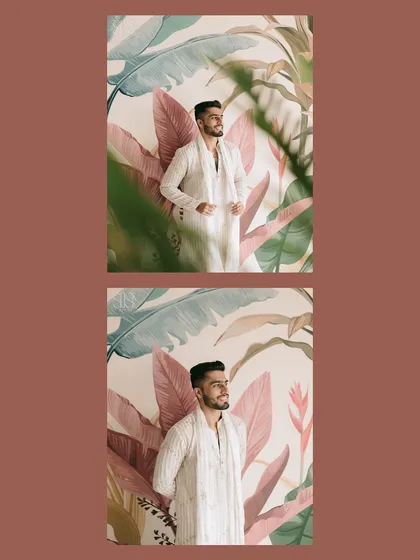 A stylish solo portrait of the groom, Kapil, against a vibrant, leafy wallpaper. We use the environment to create visually interesting and modern portraits.