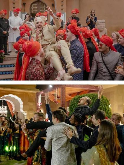 A collage showing Ted's groomsmen hoisting him on their shoulders at every celebration. It’s a running theme of friendship and fun that we loved capturing throughout the wedding.
