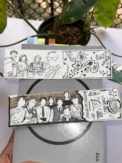 Two themed bookmarks I created, one for a cafe lover and another inspired by Dead Poets Society. They show the range of customization possible.