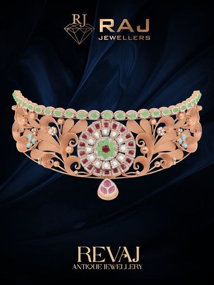 A grand floral choker from our Revaj collection, this piece is a celebration of intricate craftsmanship. The central medallion is a burst of red and green stones, surrounded by delicate filigree work, creating a look of pure opulence.