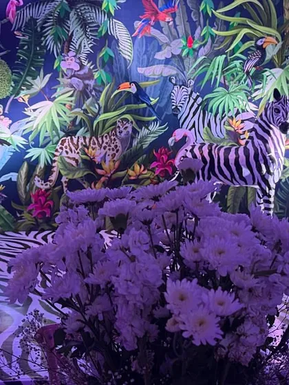 A wide view of the jungle-themed photo area, showing the zebra-print floor, the vibrant wallpaper, and the life-sized animal statues. The entire setup is designed to be a fun and immersive photo opportunity.