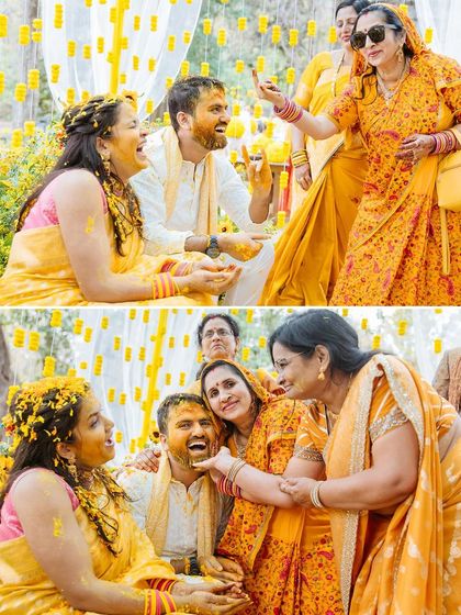 A collage of family members joyfully participating in the Haldi ceremony, sharing laughs with the couple.