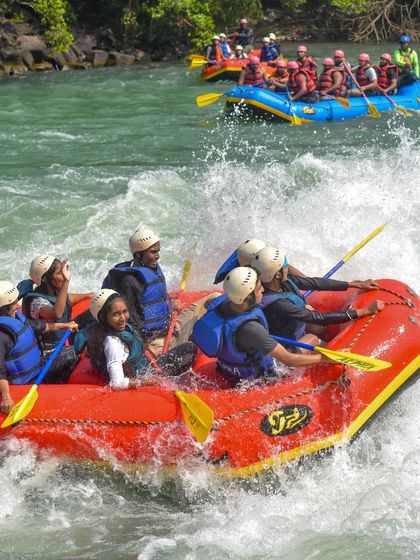 A group navigating the white water rapids in Dandeli. Teamwork makes the dream work!