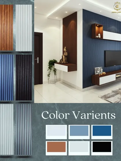 This living room features our deep blue fluted panels, creating a modern and sophisticated accent wall. We offer these WPC panels in a wide variety of colors, from classic wood tones to bold blues and subtle grays, ensuring you find the perfect match for your interior design.