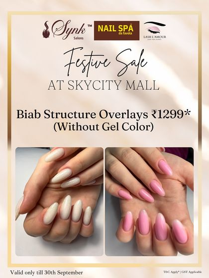 This festive sale graphic promotes BIAB structure overlays. The images display two clean, elegant sets in off-white and pink, showing the beautiful shape and strength BIAB provides.
