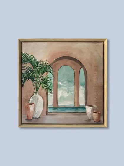 A full view of "Untouched Beauty" by Eva Watts. The light wood floater frame is a perfect match for the artwork's soft, Mediterranean-inspired aesthetic.