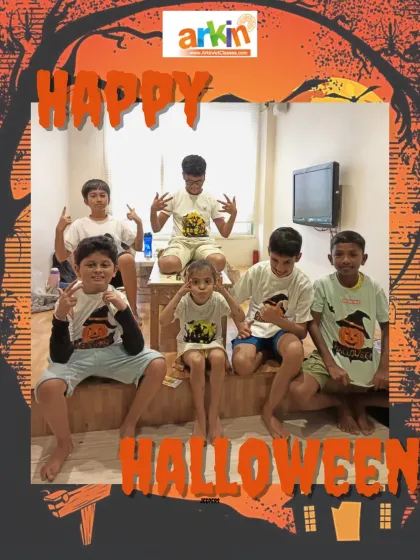 Our spooky and fun Halloween workshop ends with a group of proud monsters showing off their custom-painted t-shirts. It is all about creative fun and making friends.