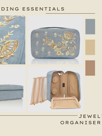 My velvet jewellery organiser, shown here in a sophisticated powder blue. The golden butterfly and floral embroidery adds a touch of nature-inspired elegance, making it a beautiful and practical gift.