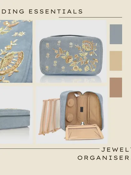 My velvet jewellery organiser, shown here in a sophisticated powder blue. The golden butterfly and floral embroidery adds a touch of nature-inspired elegance, making it a beautiful and practical gift.