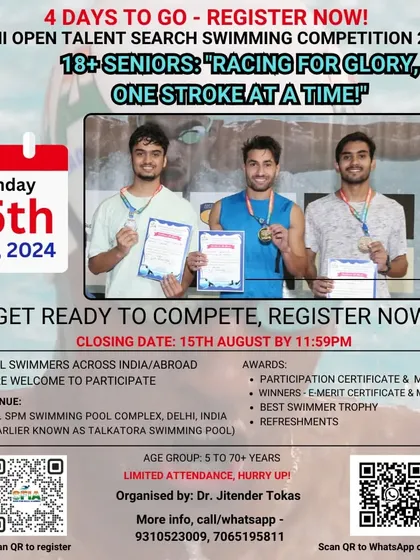 A category for our Senior Swimmers (18+) at the Delhi Open, racing for glory one stroke at a time.