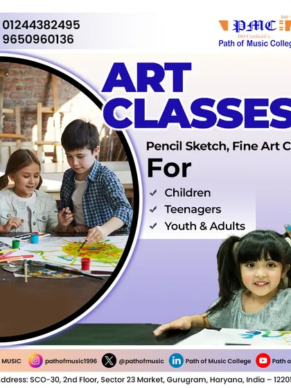 Our fine art classes provide a nurturing space for artists of all ages, from children to adults. This promotional graphic highlights our programs in pencil sketching and painting, designed to build foundational skills and encourage artistic expression.