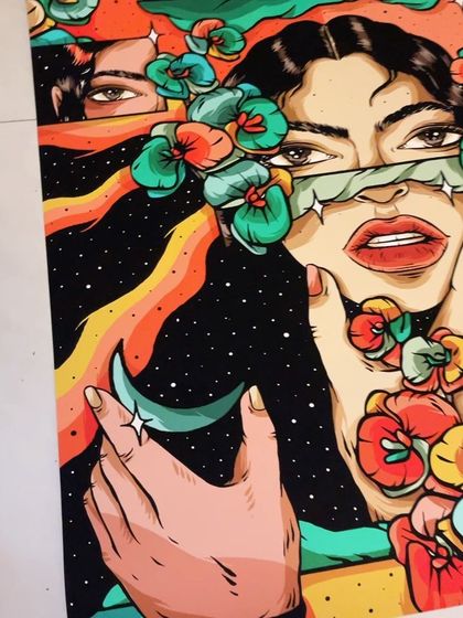 A detail shot of the 'Feminine Gaze' print, showing the vibrant colors and crisp lines of the archival printing process.