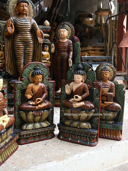 More of our colorful Buddha collection, showcasing the variety of hand-painted finishes we offer.