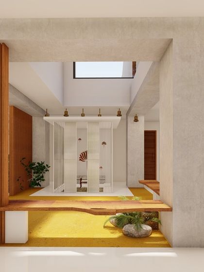The central courtyard features a glass puja room, a live-edge wood bench, and a large tree, creating a serene, light-filled core for the home.