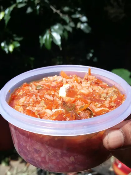This is a meal I made for Pixie, a 6-month-old puppy. It's a mix of finely chopped chicken and carrots in a light broth, perfect for young, growing dogs who need nutrient-rich, easy-to-digest food.
