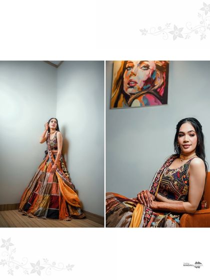 A collage of the bride in her unique, colorful patchwork lehenga. The portraits are set in a modern, minimalist room, creating a beautiful contrast.