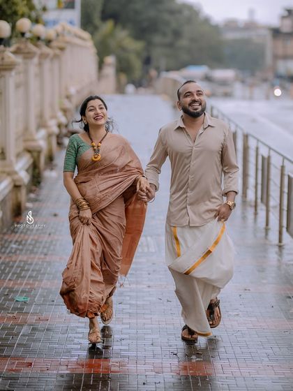 A joyful walk on a wet city path, full of energy and happiness.