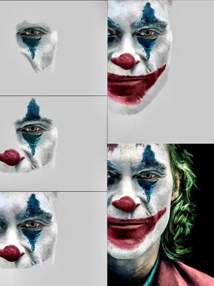This image shows the progression of the Joker portrait. It breaks down my layering process, starting from the eyes and gradually building out the full face, showing how the details come together.