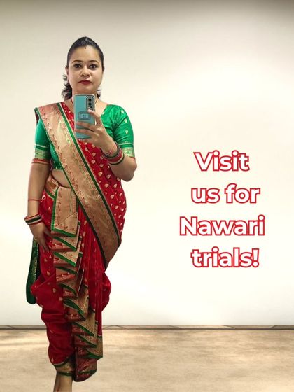 An invitation to visit my store for Nauvari trials. This red and green silk Nauvari showcases another classic color combination available for rent.