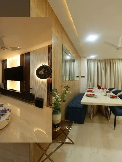 This shot highlights the dining area and the TV unit with a backlit onyx marble feature. We ensure every part of the living space is thoughtfully designed.